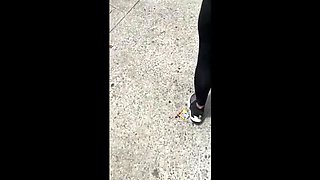 Wife Flashes Pink Thong in See-Through Spandex - Public Tease!