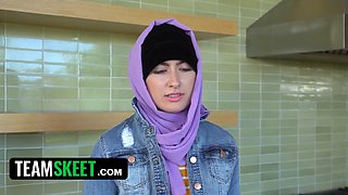 Arab Hijab masturbates before swallowing and taking a hard pounding from her boyfriend's big cock