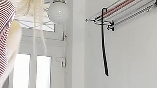 Flexible Hot Wife in the Kitchen Does Gym Training at Home by Spreading Legs and Taking Her Panties off Under Her Mini Skirt
