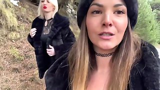 Jade And Her Friend In A Threesome Sucking Cock Outdoors