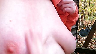 Twisting and hitting nipples in front of the forest hut