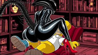 Halloween Hentai: Alien Simpsons Wife in Latex Costume Fucks Husband Hard in Wet Pussy