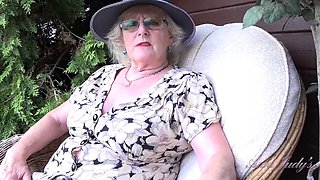 AuntJudys - 66 year old hairy mature GILF Ms. Claire sucks your cock in the garden POV