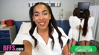 3 hot doctors take turns bouncing up and down on fortunate patient's rod