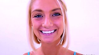 Pretty blonde gets tight pussy creampied in studio