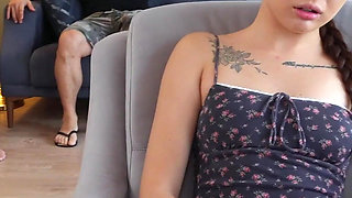 Little Asian Teen Moans with Excitement as Her Stepdad and His Friend Stretch Her Tight Pussy with Two Huge Cocks!