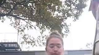 Horny slut suck cock and takes hard doggy pounding in public