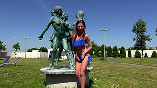 Outdoor amateur video of young German couple fucking on the pool