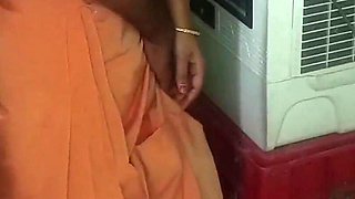 Married Glamour Women Orange Saree Standing Position Romance