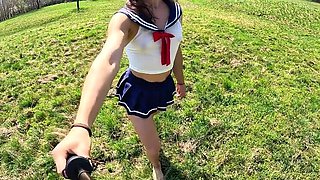Naughty Schoolgirl Flashes Her Perfect Ass to Gardener in the Countryside