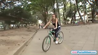 Busty fit teen slut cycles around town