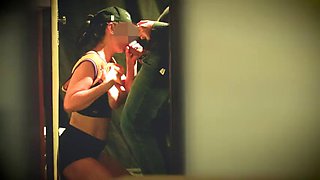 Basketball player gives coach a blowjob in the gym bathroom