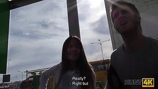 Angella Christin gets her tiny tits out and fucks a dude for cash on a bus stop