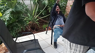 Horny Stepbrother fucks shy virgin stepsister while his friend masturbates and cum on her tits outside in garden