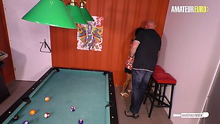 Meggy Deep gets her short hair plastered with jizz on the pool table by a fat stud - A European amateur's seduction