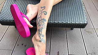 Pink Flip Flops on My Pretty Feet with Long Toes in Outdoor, Red Toenails Polish