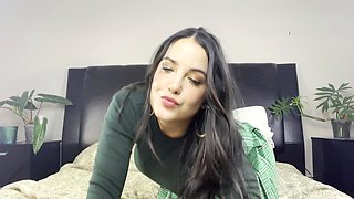 Busty curly brunette with big boobs fucks on couch