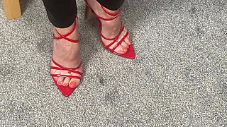 Mrs Mature Feet Wearing Extremely Tight Leather Trousers and Heels