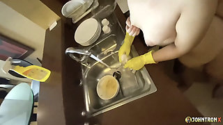 Johntronx - Naked Thai Maid Gets Fucked in the Kitchen Wearing Rubber Gloves