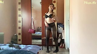 Amy Trying on Black Pantyhose