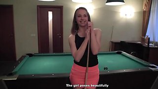 Sweet sexy blonde screwed on the sofa and pool table