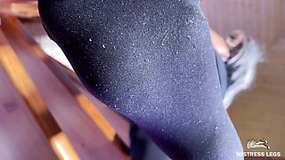 My odor feet in black stockings tease above you face on the ladder