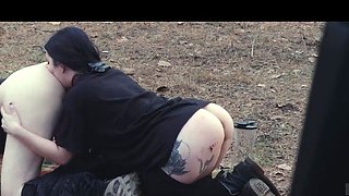 Submissive beauty eats booty and piss at roadside picnic, then gets rough face fucking