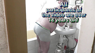 Pervert husband wife watches as beautiful cute sweet girl takes shower. Old man masturbates cock. nudity. Naked in publc