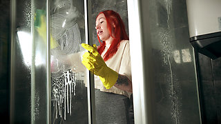 Maid Strips Naked Cleaning Shower - Boss Joins for Wet Rough Fuck!