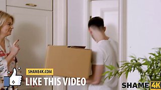 SHAME4K. Brunette woman drags stud into the bedroom for a blowjob and sex