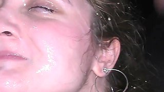 A Brunette Teen with Perky Boobs Is Ready to Please All of These Hard Cocks