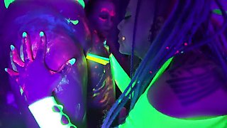 Neon All Girl Gangbang - Lesbian Orgy with Big Silicone Tits & Pussy Licking