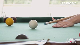 Kaisa Nord & Leyla Fiore finger and lick each other's shaved pussies on pool table