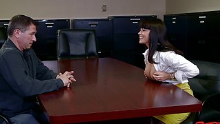 Beautiful office girl in nylons gives a great blowjob and then gets fucked doggystyle.