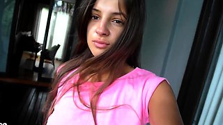 Small titted brunette teen fingering on the bed