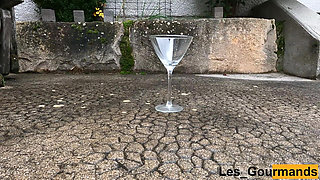 4K - MILF in High Heels and Stockings, with Big Pierced Pussy Lips Pissing in a Flute