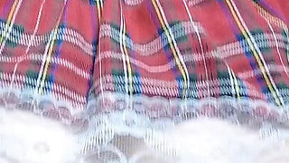 Skinny Student in Stockings and a Short Skirt Rides a Big