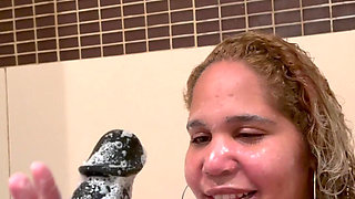 Shower Wet Hair Natural Big Tits Faux BBC Handjob Cumshot Dildoe 10inch Monster Cock Shower