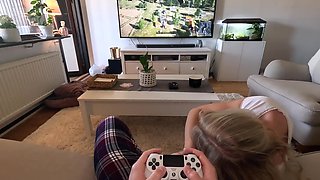 Cute teen Blonde in white socks and skirt interrupted my gaming with her wet pussy