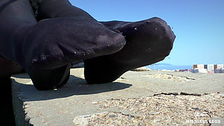 Sky-high Sole Seduction: Teasing Toes From Sheer to Black on the Rooftop
