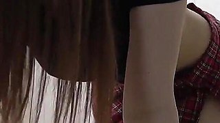 Japanese Girl in Mini Skirt Cleaning Girls Only Apartment While Fixing Big Tits Spilled Out of T-shirt and Thong Panties Wedgie