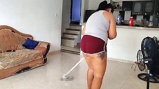 Chubby Latina Adribella69 enjoys showing off her huge ass while cleaning the house for her stepdad's old man
