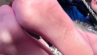 Goddess Cute Feet in Thin Sheer Pink Pantyhose Swing Near Your Face