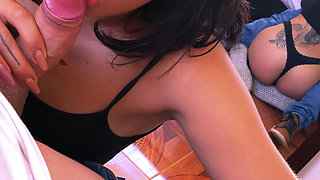 Sexy College Tattoed Babe with Perfect Ass Giving Blowjob