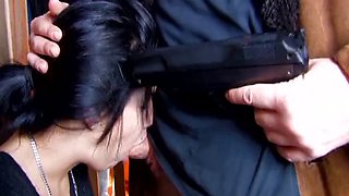 Dark-haired French girl fucks in a store