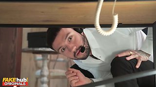 Fakehub - busty ebony chief catches staff fucking at a call center and adds jizz to her coffee