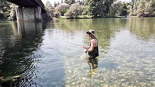 Single Italian Girl Gives Blowjob Outdoors - CUMSHOT by a Fisherman in the Middle of the River