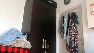 Amateur wife has fun trying on clothes and cutting them. Amateur wife sucking naked in the house
