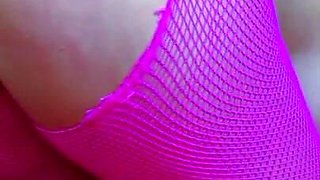 Tattooed babe in pink fishnets gets hard ass fuck