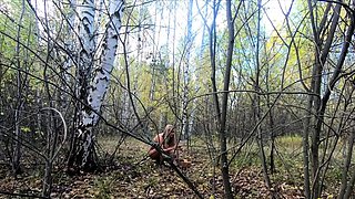 Nude Blonde Picks Mushrooms in the Russian Forest